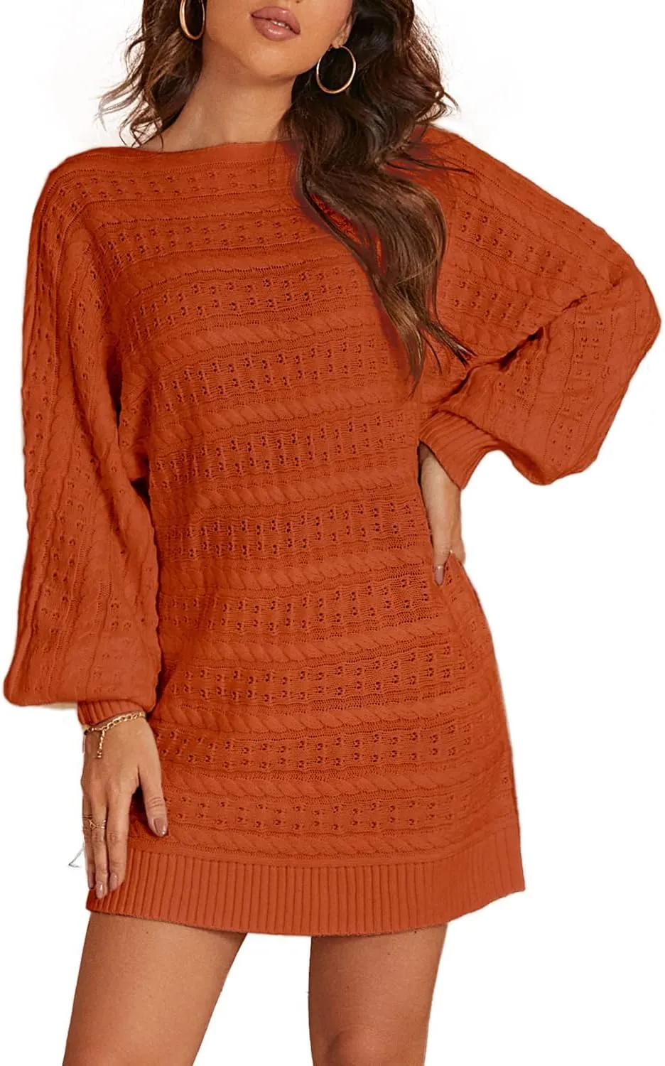 Miessial Women's Loose Oversized Cable Knit Sweater Mini Dress Casual Crewneck Long Sleeve Pullover Sweater Dress