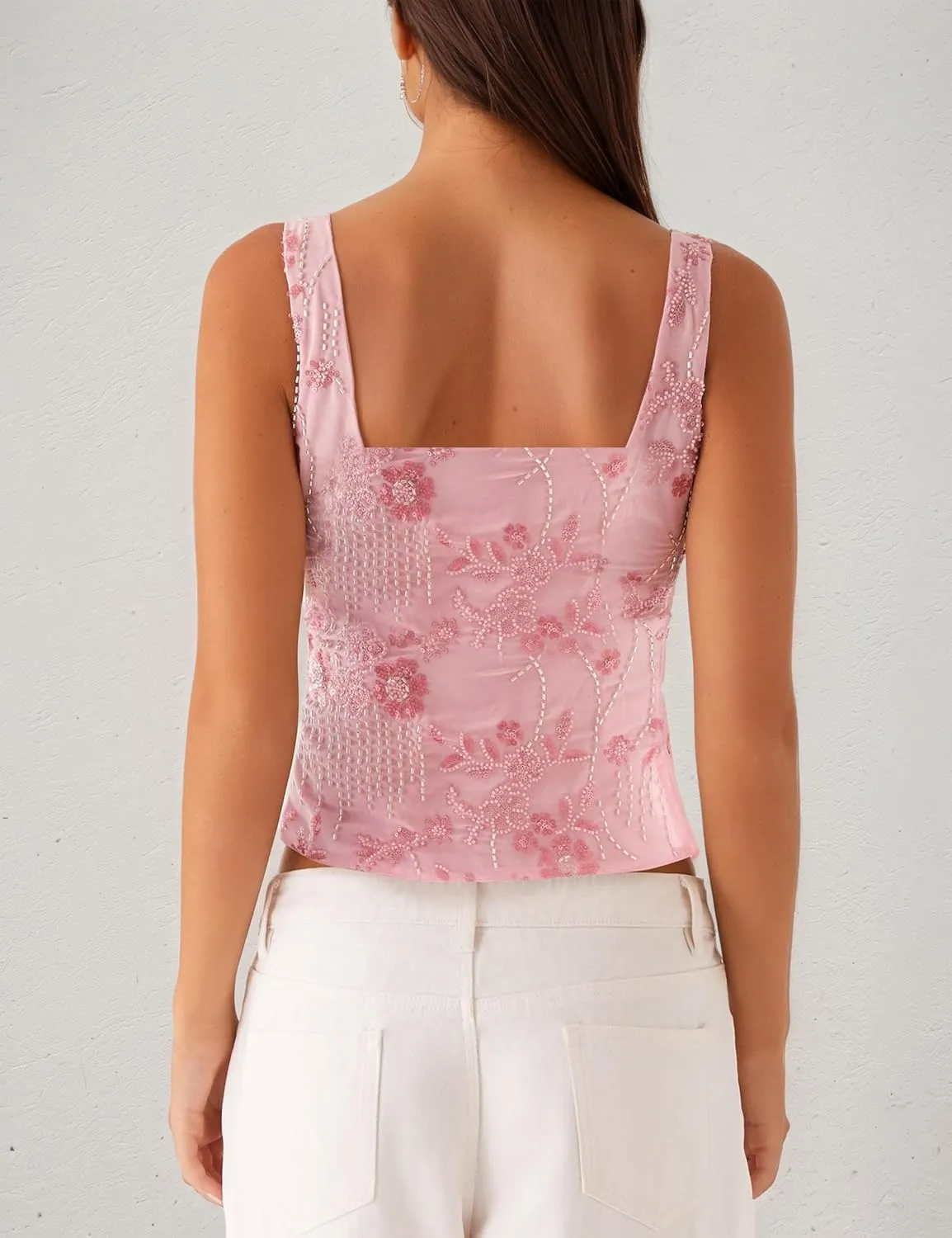 MISSACTIVER Women Y2K Sequin Cami Top Sparkly Beaded Rhinestone Scoop Neck Tank Top Open Back Wide Strap Crop Tops Party
