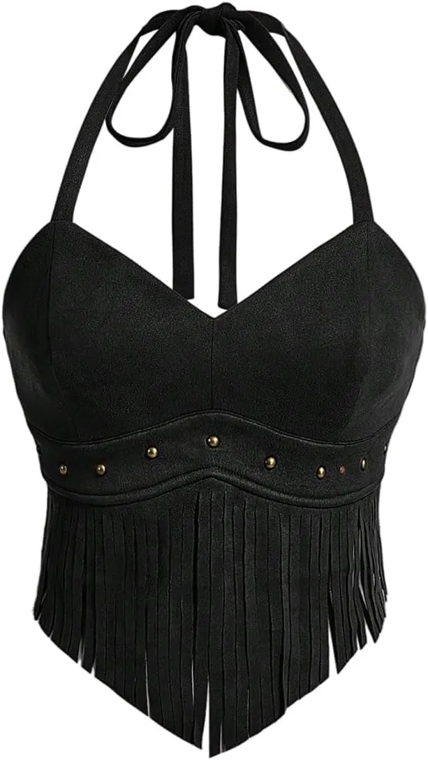 OYOANGLE Women's Plus Size Fringe Halter Top V Neck Beaded Cowgirl Western Suede Crop Top