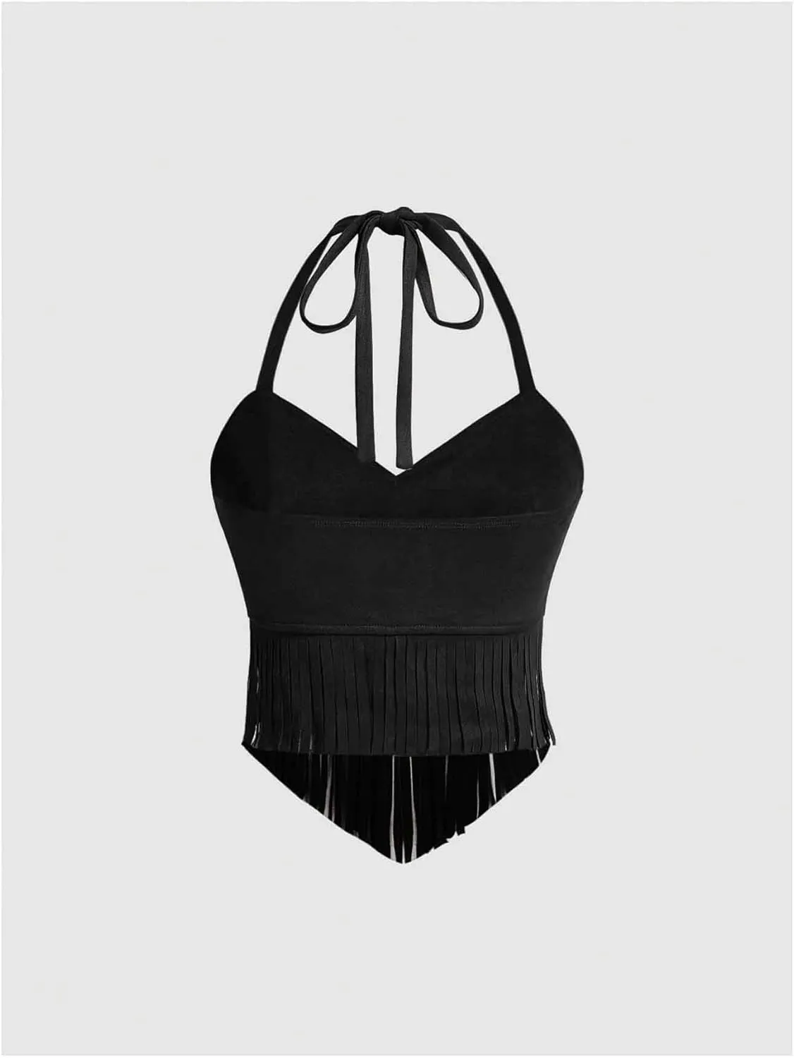 OYOANGLE Women's Plus Size Fringe Halter Top V Neck Beaded Cowgirl Western Suede Crop Top