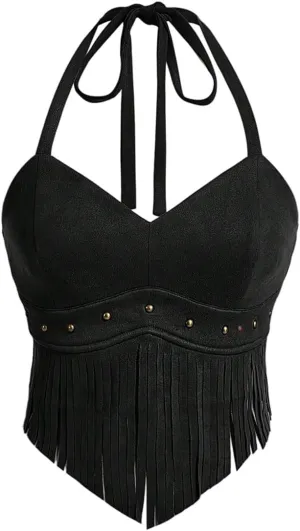 OYOANGLE Women's Plus Size Fringe Halter Top V Neck Beaded Cowgirl Western Suede Crop Top