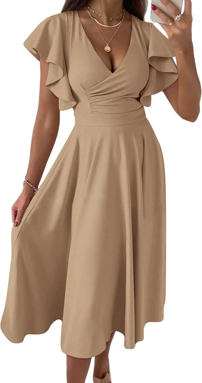 PRETTYGARDEN Summer Midi Dress 2025 Elegant Classy Ruffle Sleeve V Neck Cocktail Wedding Guest Spring Fit and Flared Dresses