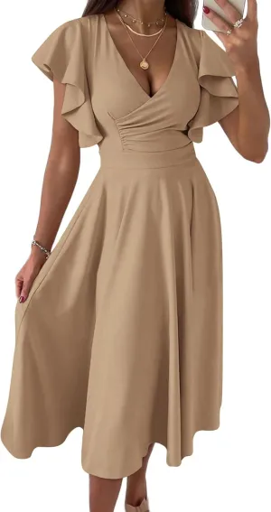 PRETTYGARDEN Summer Midi Dress 2025 Elegant Classy Ruffle Sleeve V Neck Cocktail Wedding Guest Spring Fit and Flared Dresses