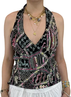 Sequin Halter Top for Women Sexy Sleeveless Deep V Neck Backless Glitter Tank Top Night Out Party Rave Outfits