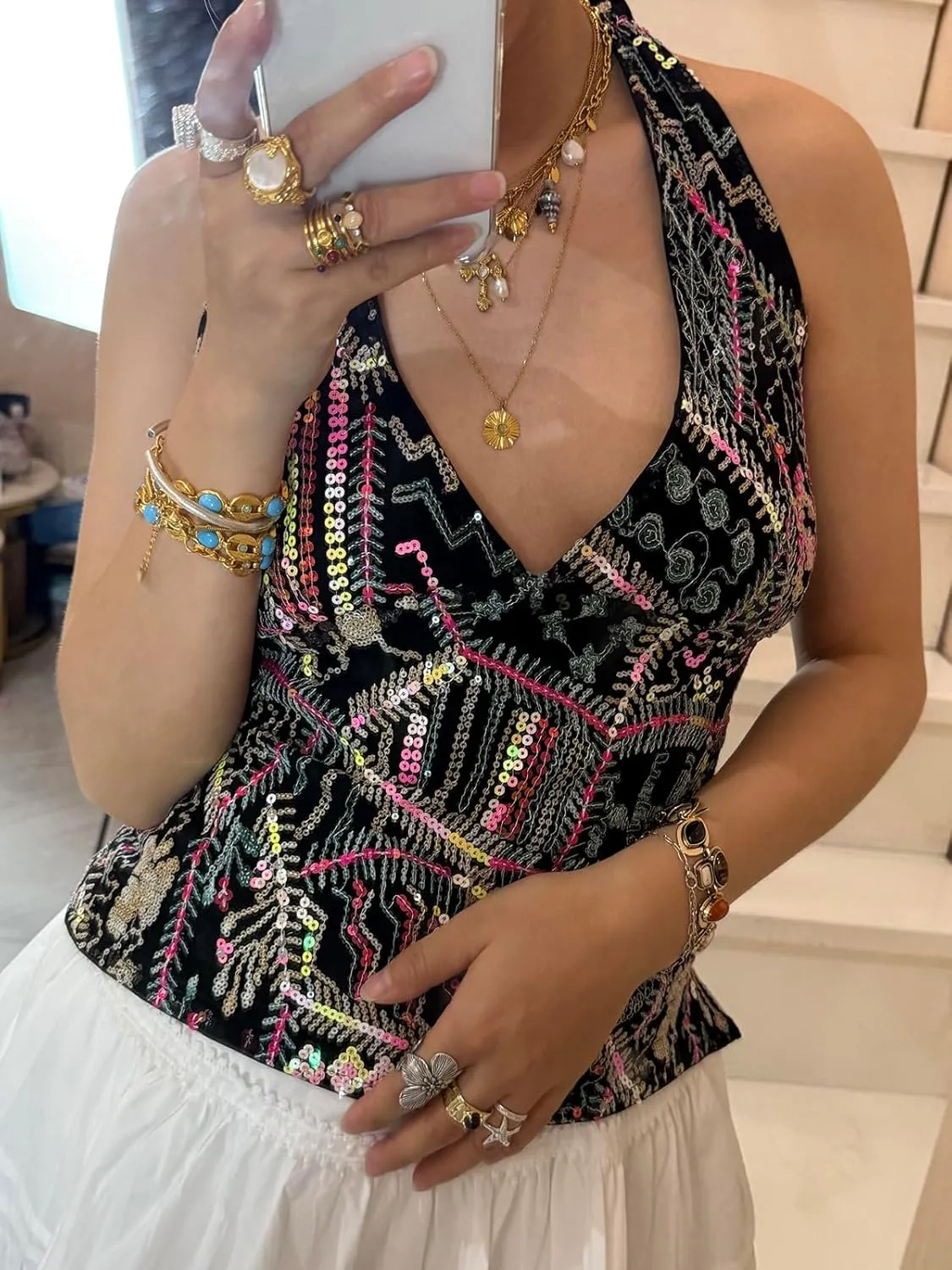Sequin Halter Top for Women Sexy Sleeveless Deep V Neck Backless Glitter Tank Top Night Out Party Rave Outfits
