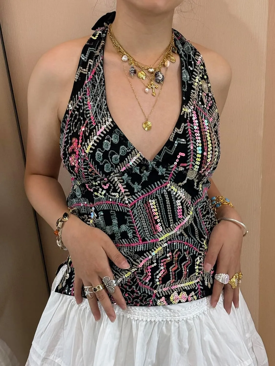 Sequin Halter Top for Women Sexy Sleeveless Deep V Neck Backless Glitter Tank Top Night Out Party Rave Outfits