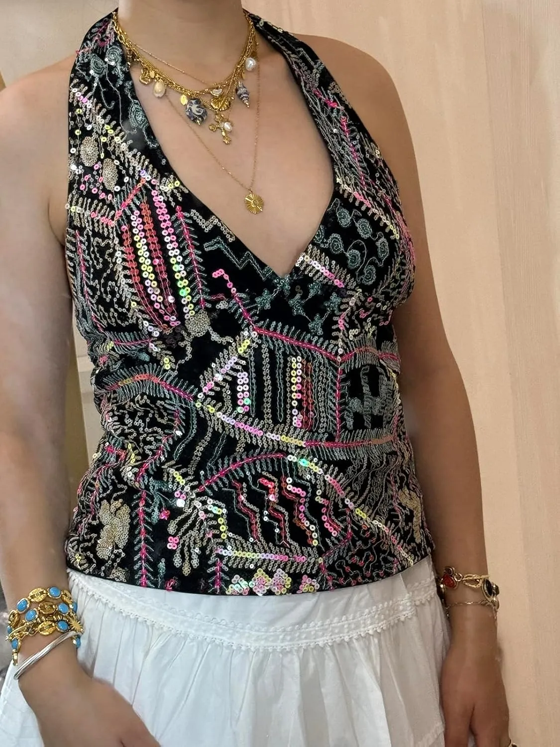 Sequin Halter Top for Women Sexy Sleeveless Deep V Neck Backless Glitter Tank Top Night Out Party Rave Outfits