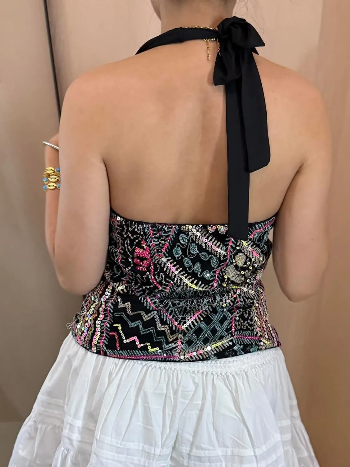 Sequin Halter Top for Women Sexy Sleeveless Deep V Neck Backless Glitter Tank Top Night Out Party Rave Outfits