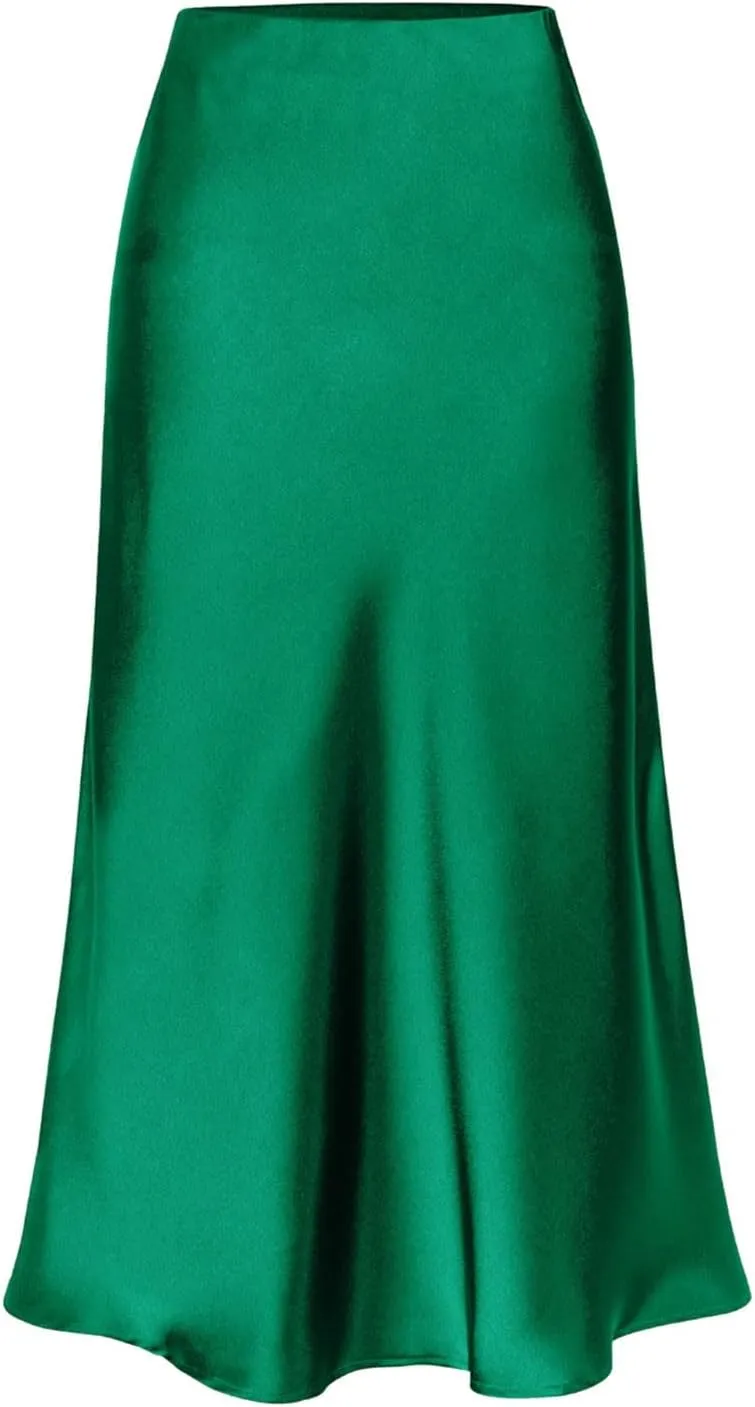 Slit Skirt for Women Soild Silk Satin Midi Skirt High Waisted Elasticized Waistband A-Line Skirt Elegant Swing Cocktail Skirt