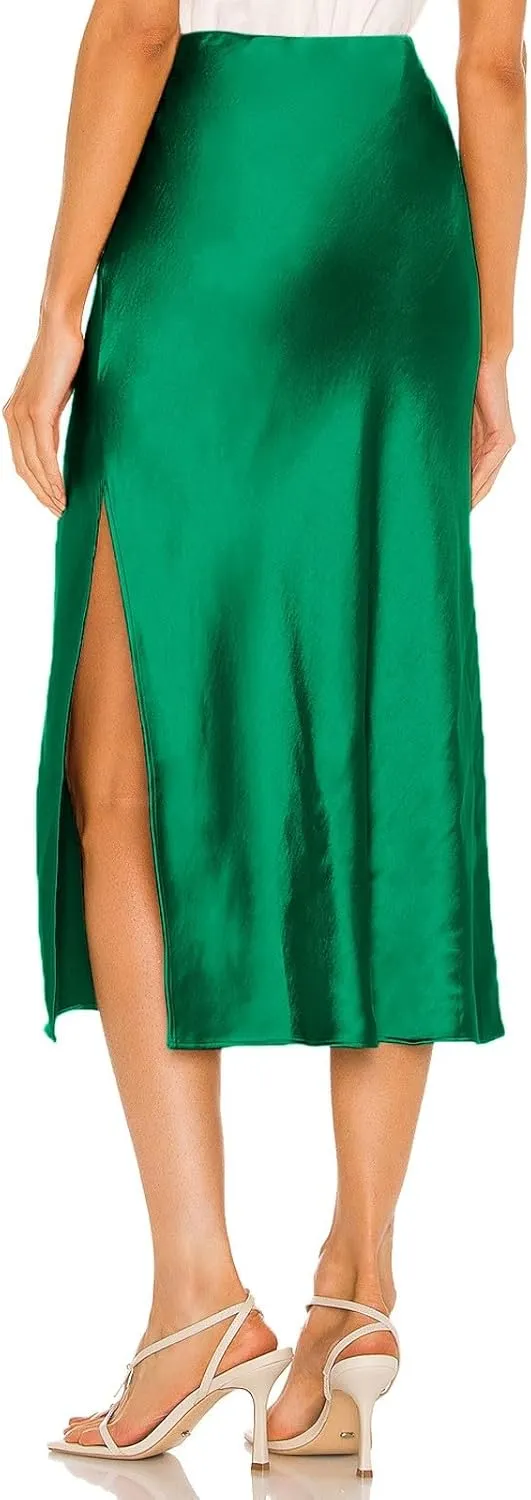 Slit Skirt for Women Soild Silk Satin Midi Skirt High Waisted Elasticized Waistband A-Line Skirt Elegant Swing Cocktail Skirt
