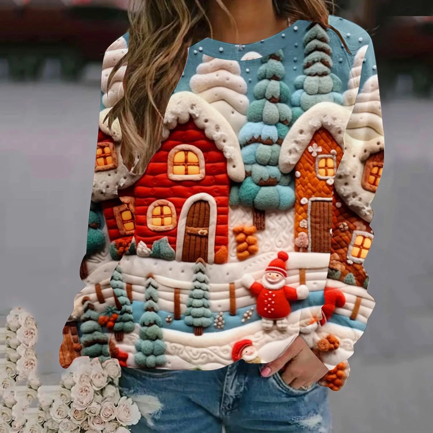 SMIDOW Women Ugly Christmas Sweatshirts 3D Digital Print Novelty Pullover Tops Funny Santa Xmas Tree Graphic Holiday Outfits