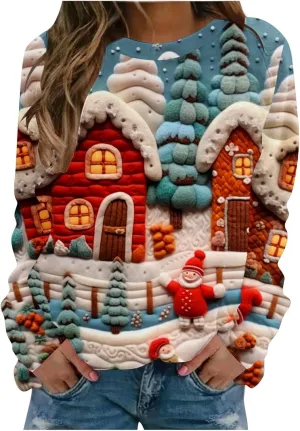 SMIDOW Women Ugly Christmas Sweatshirts 3D Digital Print Novelty Pullover Tops Funny Santa Xmas Tree Graphic Holiday Outfits