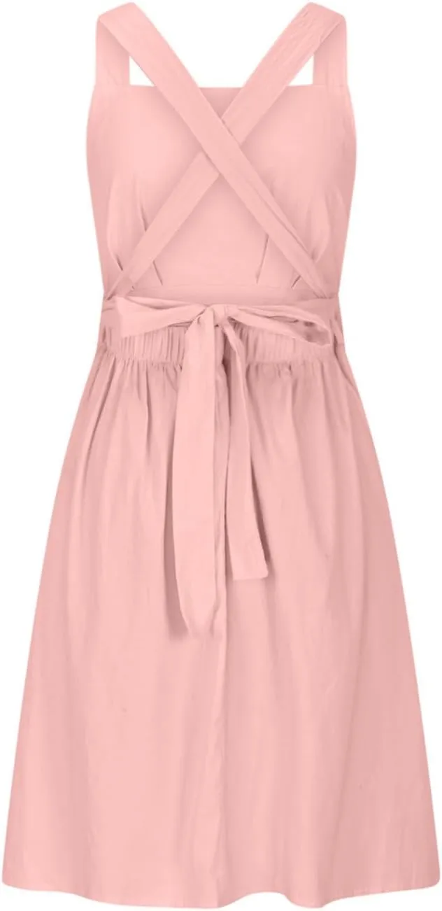 Summer Linen Dresses for Women 2025 Sleeveless Tie Bow Criss Cross Back Midi Sundress Pleated A-Line Beach Party Dress