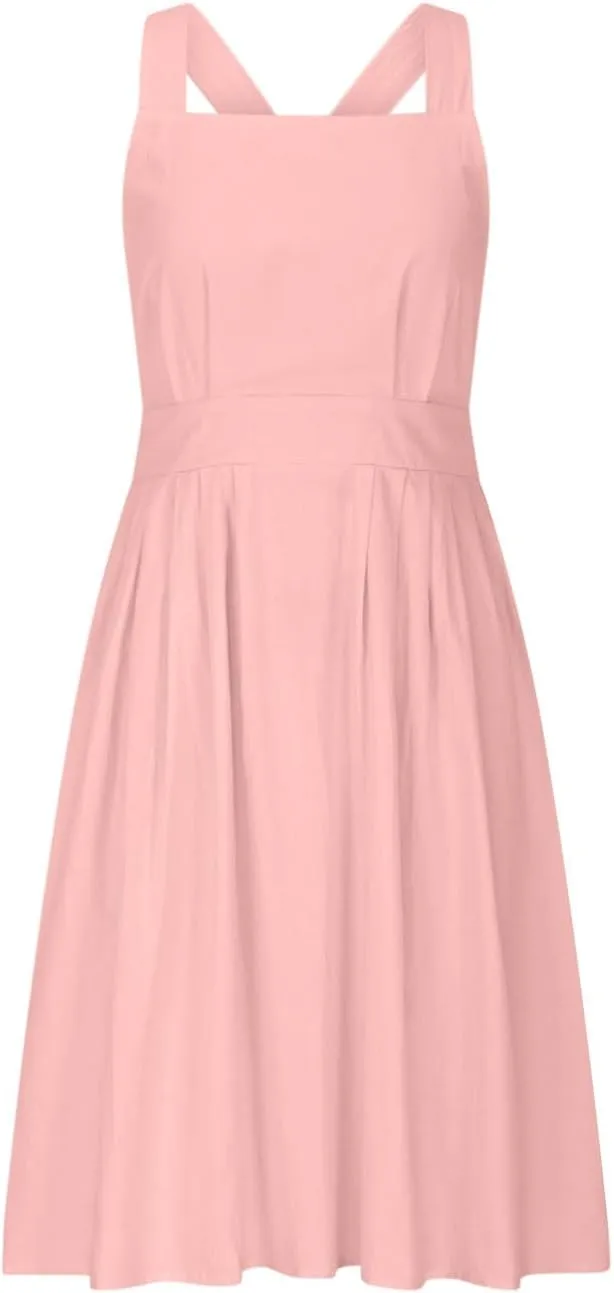 Summer Linen Dresses for Women 2025 Sleeveless Tie Bow Criss Cross Back Midi Sundress Pleated A-Line Beach Party Dress