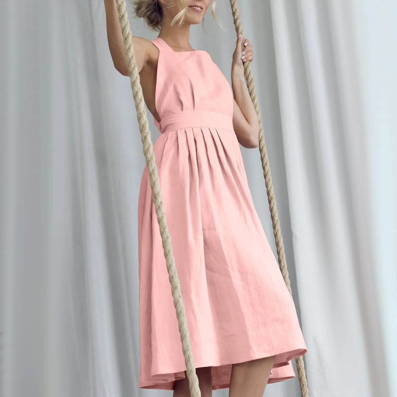 Summer Linen Dresses for Women 2025 Sleeveless Tie Bow Criss Cross Back Midi Sundress Pleated A-Line Beach Party Dress