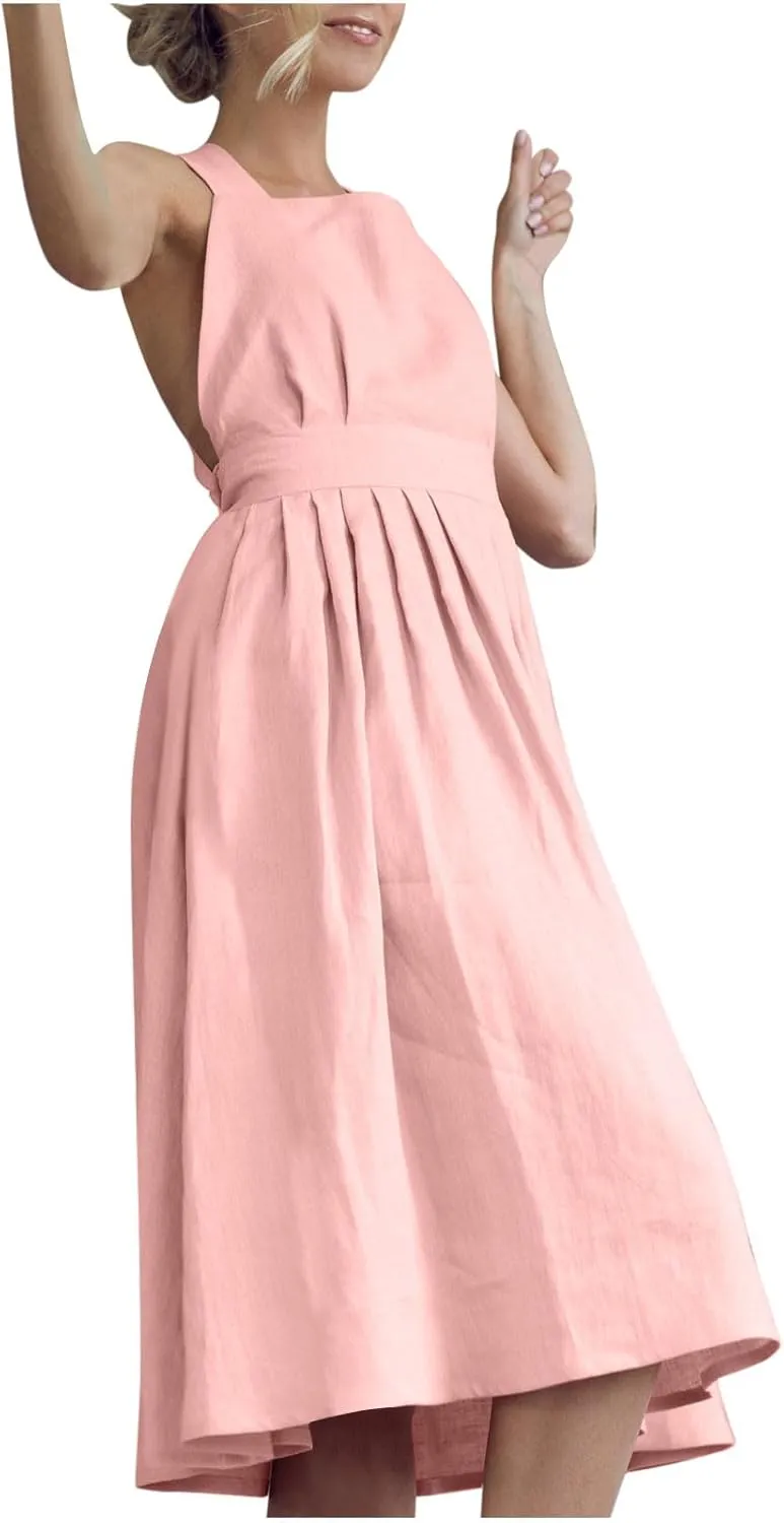 Summer Linen Dresses for Women 2025 Sleeveless Tie Bow Criss Cross Back Midi Sundress Pleated A-Line Beach Party Dress