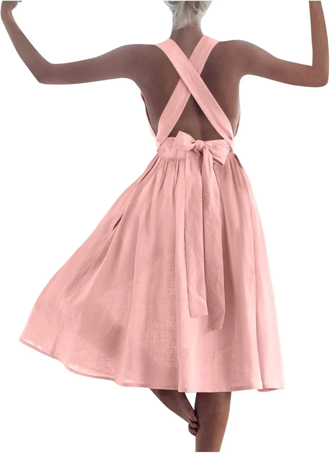Summer Linen Dresses for Women 2025 Sleeveless Tie Bow Criss Cross Back Midi Sundress Pleated A-Line Beach Party Dress