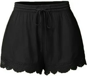Summer Shorts for Women Elastic Waist Drawstring Lace Trim Pleated Beach Shorts Comfy Loose Lightweight Casual Shorts