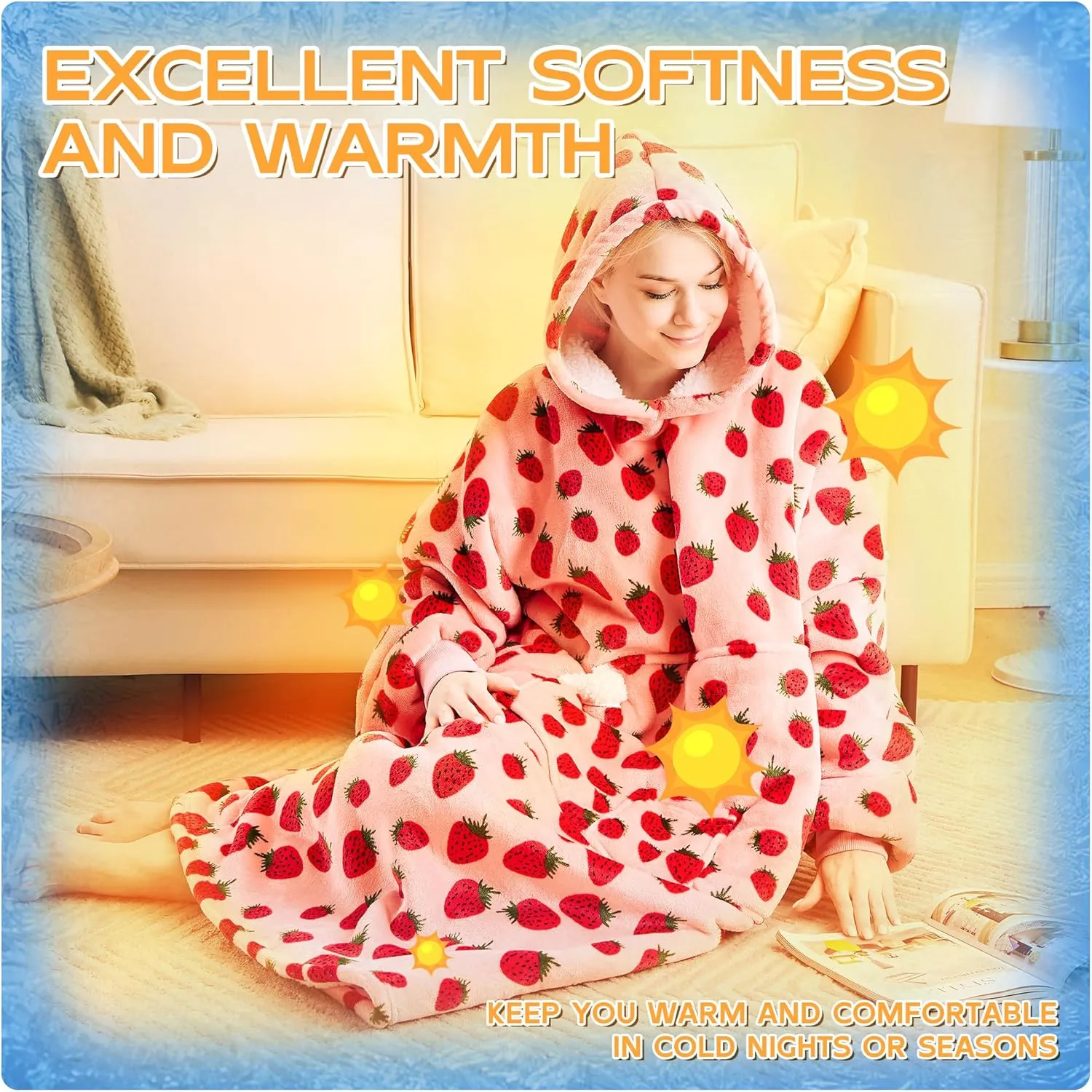 Wearable Blanket Hoodie, Oversized Sherpa Fleece Hooded Sweatshirt Blanket with Sleeves,Cozy and Giant Hoodie Blankets Extra Long for Adults Women Winter Gift (Strawberry)