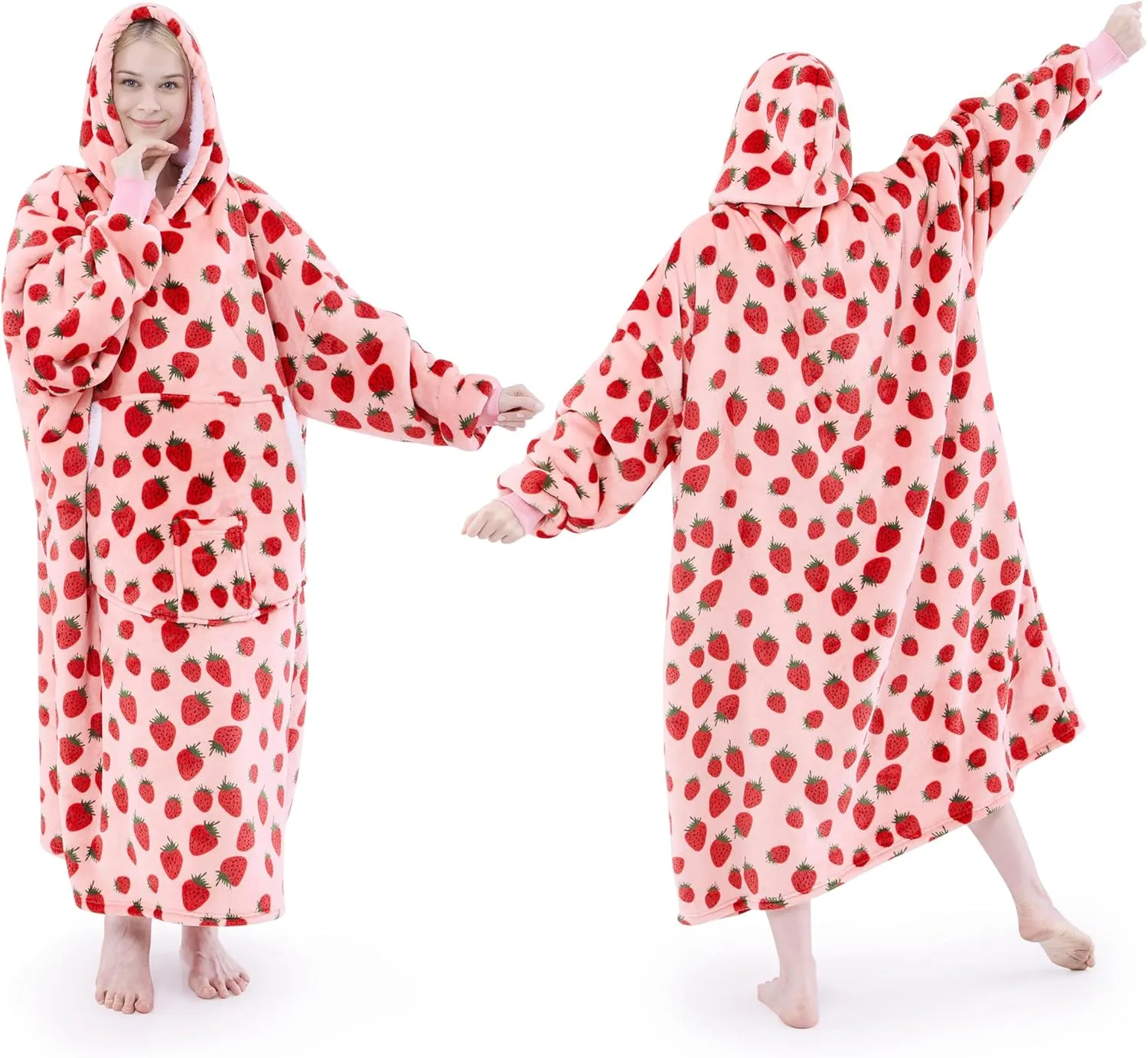 Wearable Blanket Hoodie, Oversized Sherpa Fleece Hooded Sweatshirt Blanket with Sleeves,Cozy and Giant Hoodie Blankets Extra Long for Adults Women Winter Gift (Strawberry)