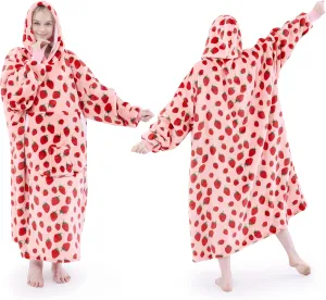 Wearable Blanket Hoodie, Oversized Sherpa Fleece Hooded Sweatshirt Blanket with Sleeves,Cozy and Giant Hoodie Blankets Extra Long for Adults Women Winter Gift (Strawberry)