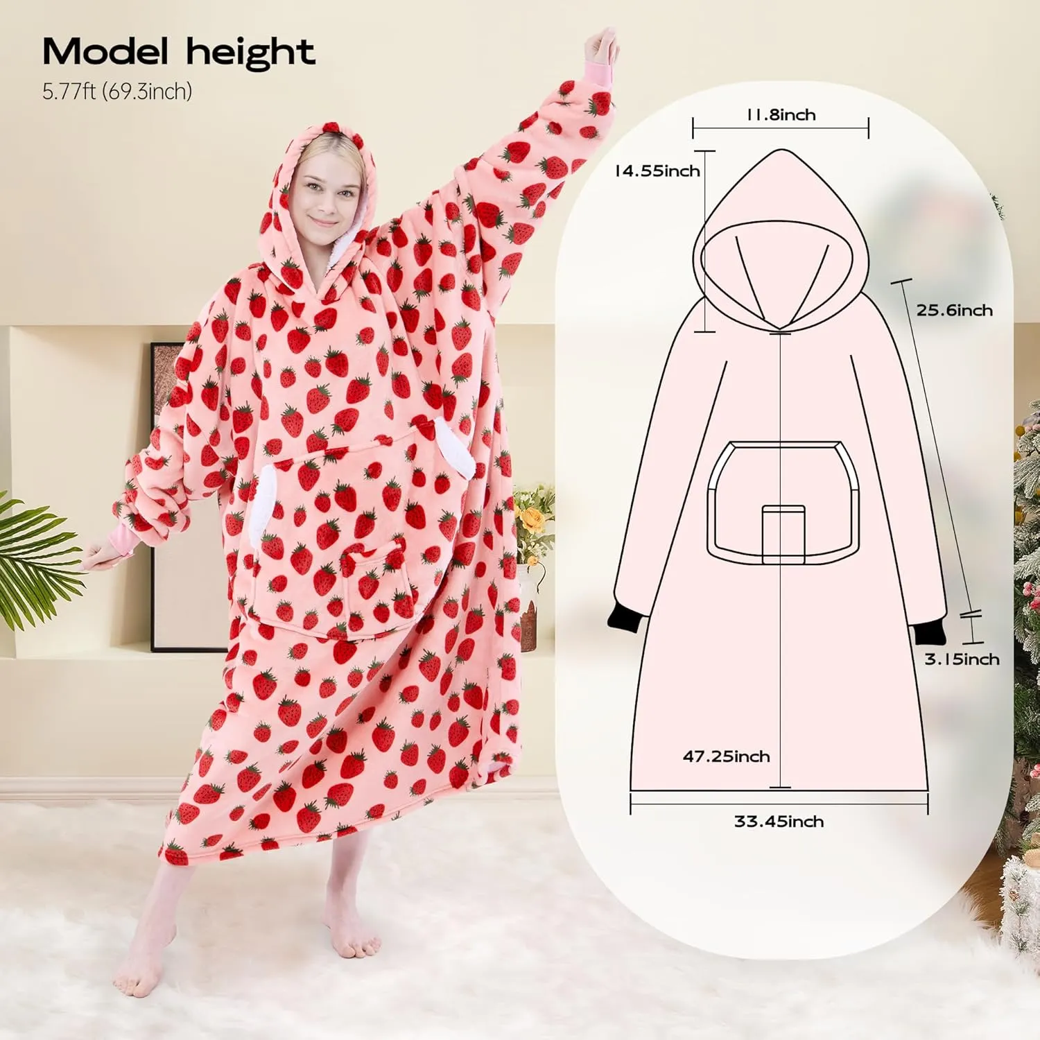 Wearable Blanket Hoodie, Oversized Sherpa Fleece Hooded Sweatshirt Blanket with Sleeves,Cozy and Giant Hoodie Blankets Extra Long for Adults Women Winter Gift (Strawberry)