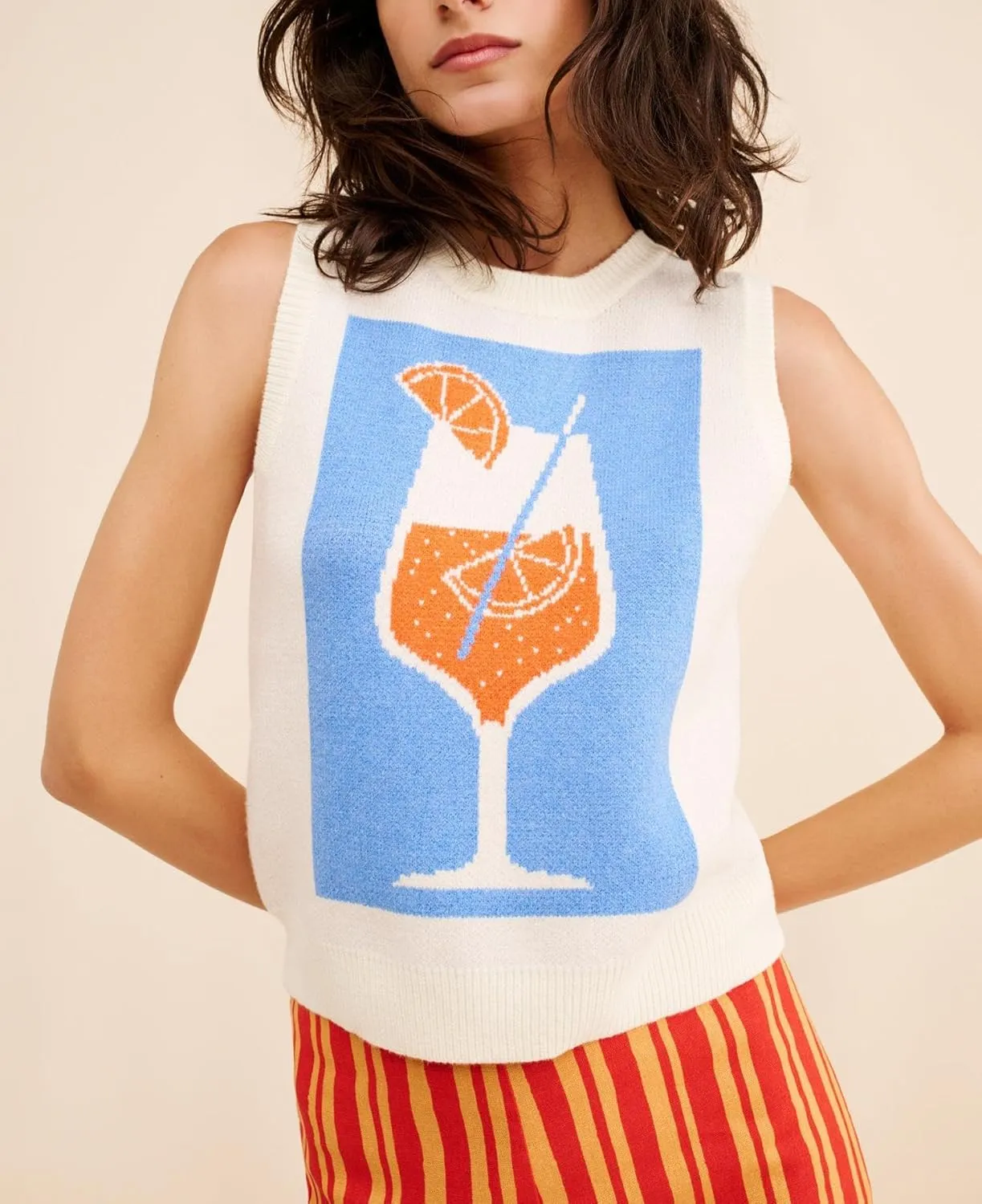 Women Graphic Sweater Vest Y2k Sleeveless Lobster Pullover Top Crew Neck Lightweight Fall Knit Tank Top