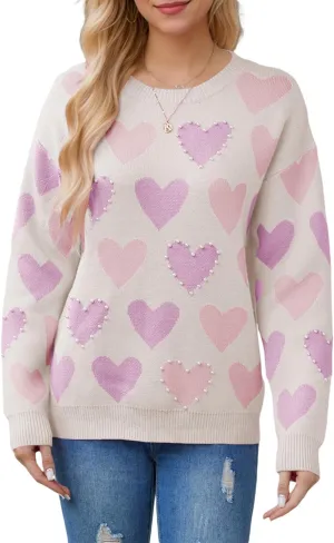 Women Pearl Sweater Love Heart Graphic Knitted Sweatshirts Cute Oversized Pullover Shirts