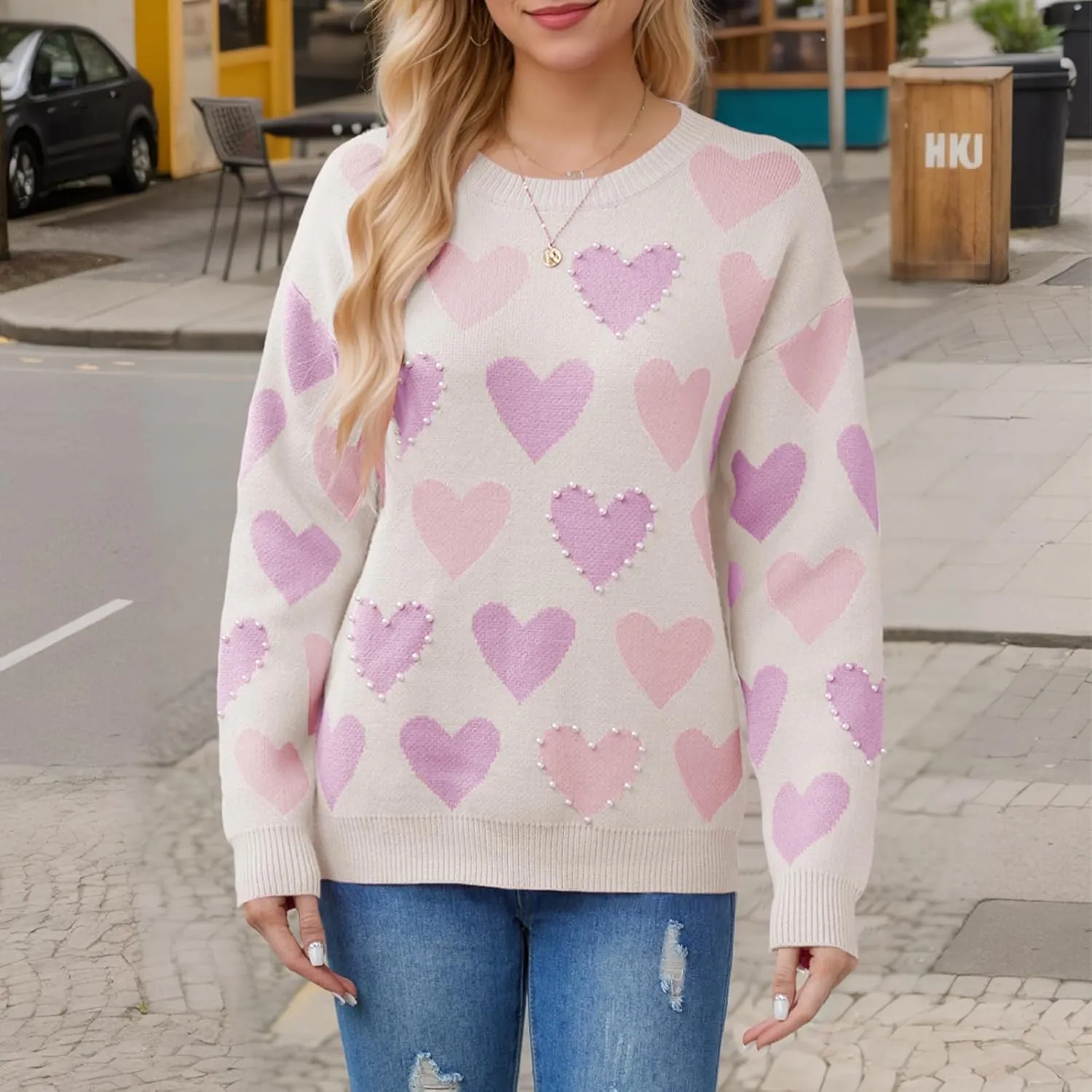 Women Pearl Sweater Love Heart Graphic Knitted Sweatshirts Cute Oversized Pullover Shirts