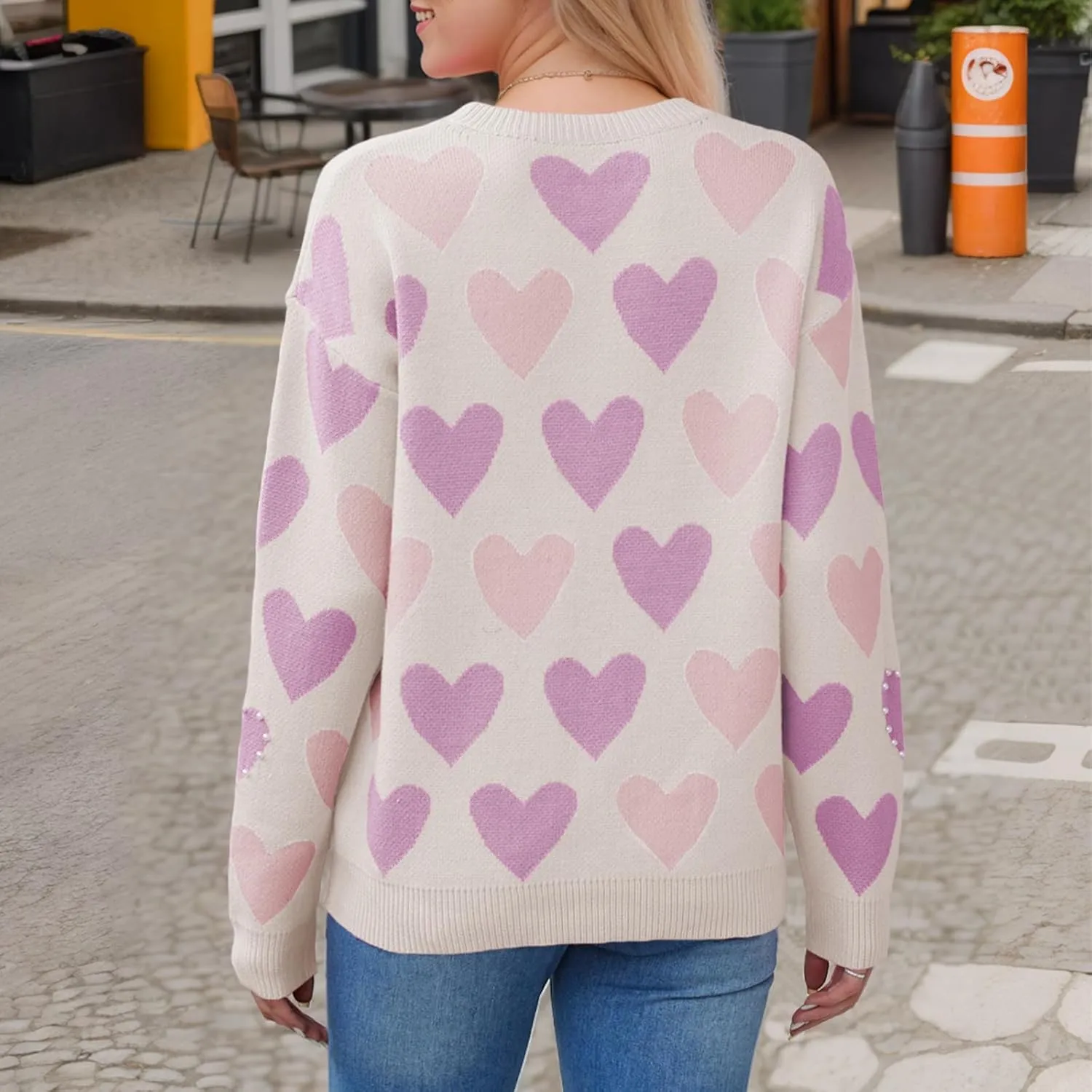 Women Pearl Sweater Love Heart Graphic Knitted Sweatshirts Cute Oversized Pullover Shirts