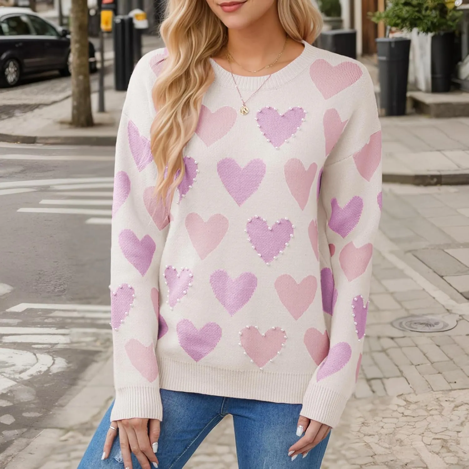 Women Pearl Sweater Love Heart Graphic Knitted Sweatshirts Cute Oversized Pullover Shirts