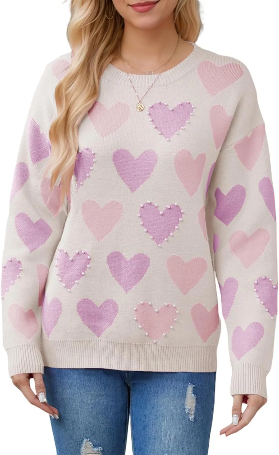 Women Pearl Sweater Love Heart Graphic Knitted Sweatshirts Cute Oversized Pullover Shirts