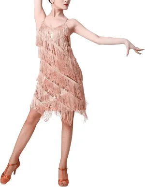 Women Salsa Latin Dance Dress Sequin Tassel Fringe Flapper Dress 1920s Gatsby Cocktail Dress Tango Ballroom Dancing Costume