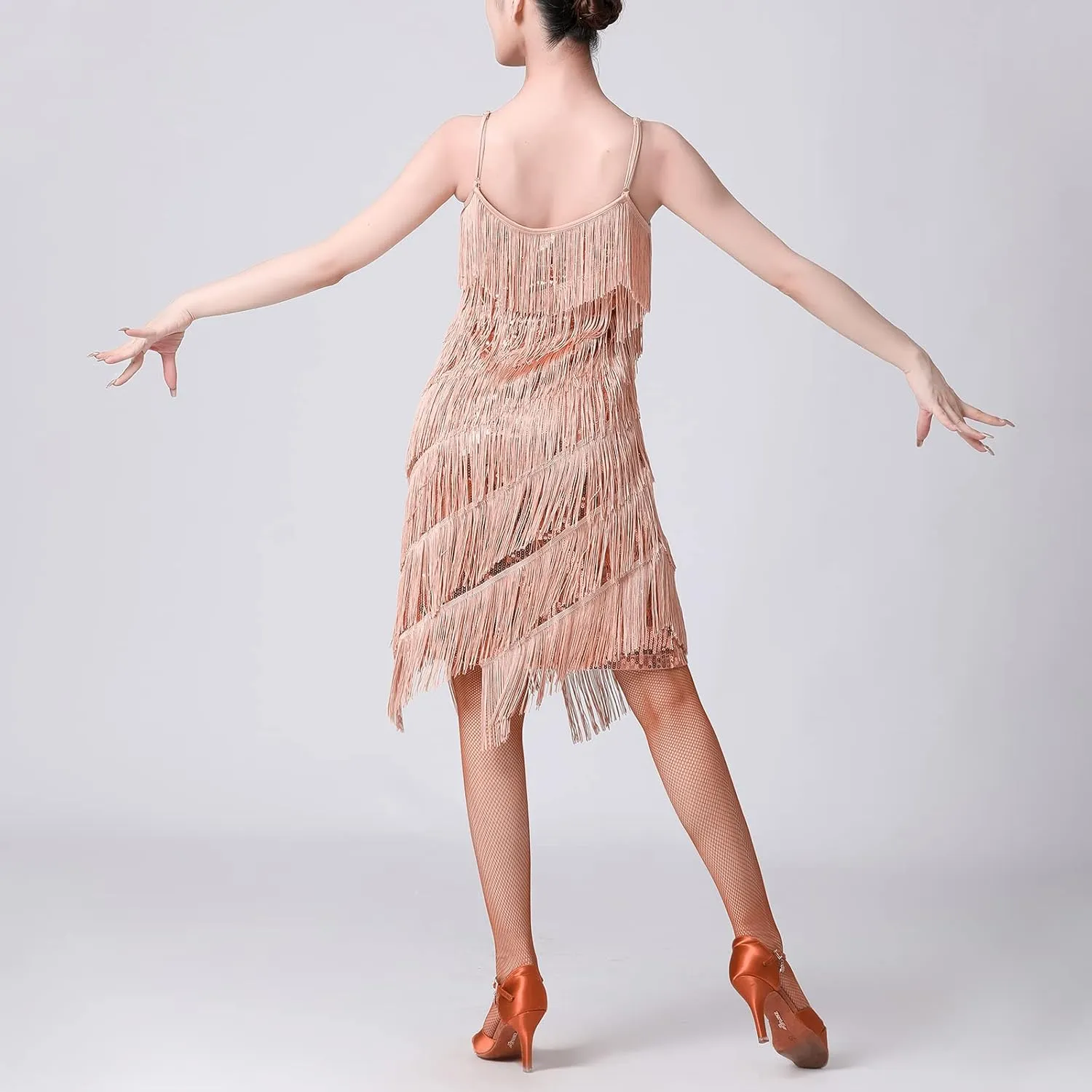 Women Salsa Latin Dance Dress Sequin Tassel Fringe Flapper Dress 1920s Gatsby Cocktail Dress Tango Ballroom Dancing Costume