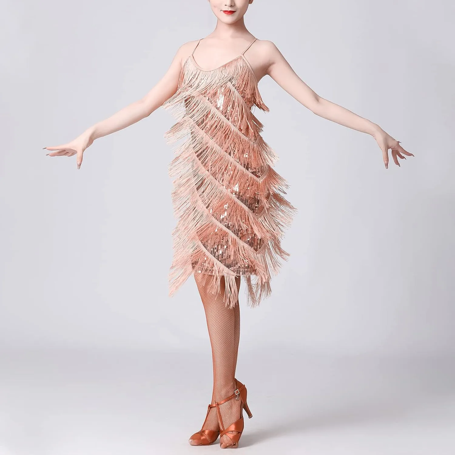 Women Salsa Latin Dance Dress Sequin Tassel Fringe Flapper Dress 1920s Gatsby Cocktail Dress Tango Ballroom Dancing Costume