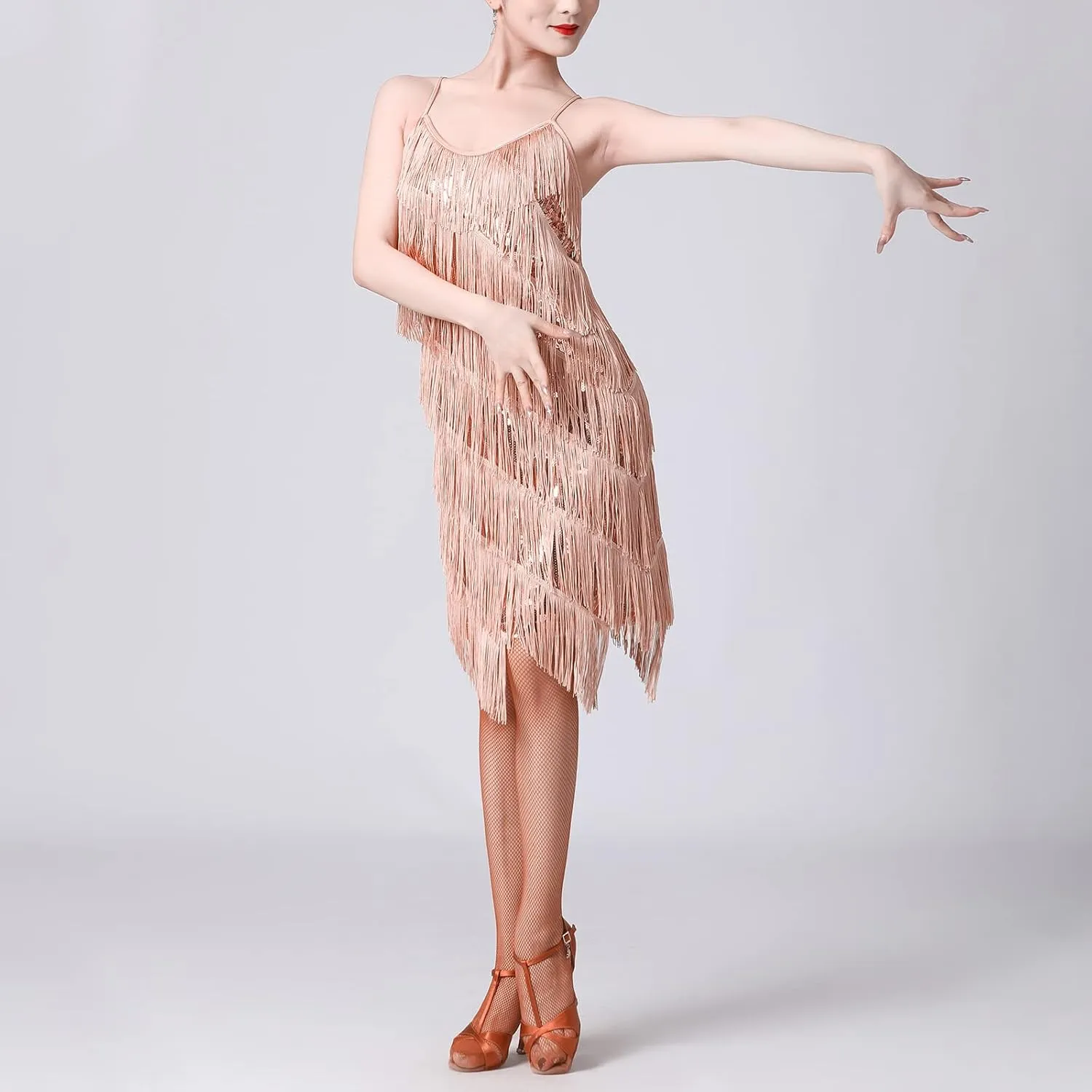 Women Salsa Latin Dance Dress Sequin Tassel Fringe Flapper Dress 1920s Gatsby Cocktail Dress Tango Ballroom Dancing Costume