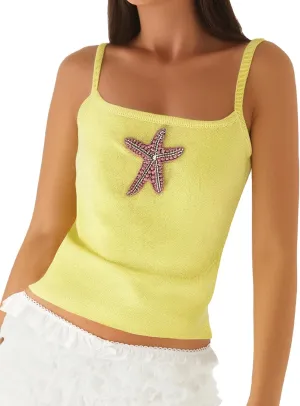 Women Starfish Tank Top Y2k Sequin Beaded Seashell Cami Tops Sleeveless Glitter Embroidered Knit Going Out Top