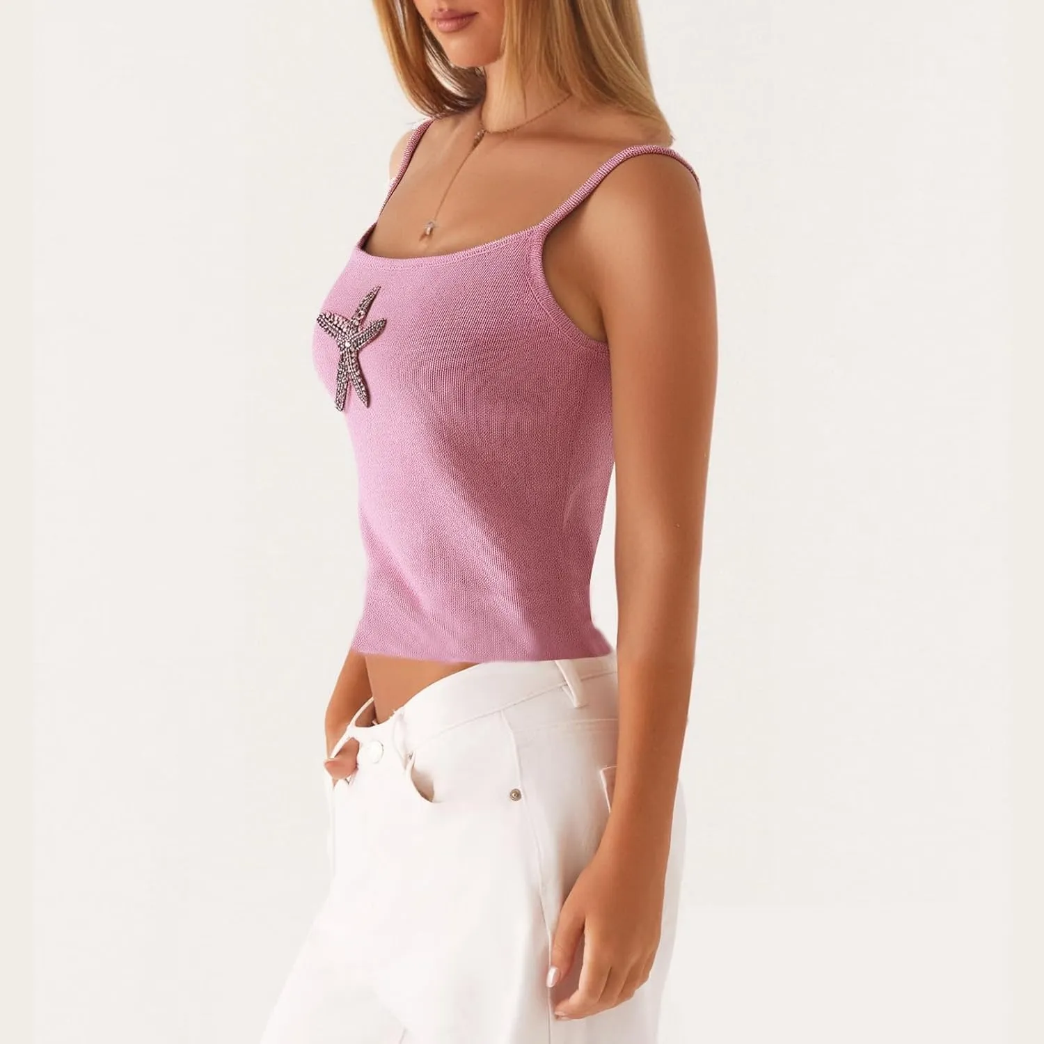 Women Starfish Tank Top Y2k Sequin Beaded Seashell Cami Tops Sleeveless Glitter Embroidered Knit Going Out Top