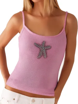 Women Starfish Tank Top Y2k Sequin Beaded Seashell Cami Tops Sleeveless Glitter Embroidered Knit Going Out Top