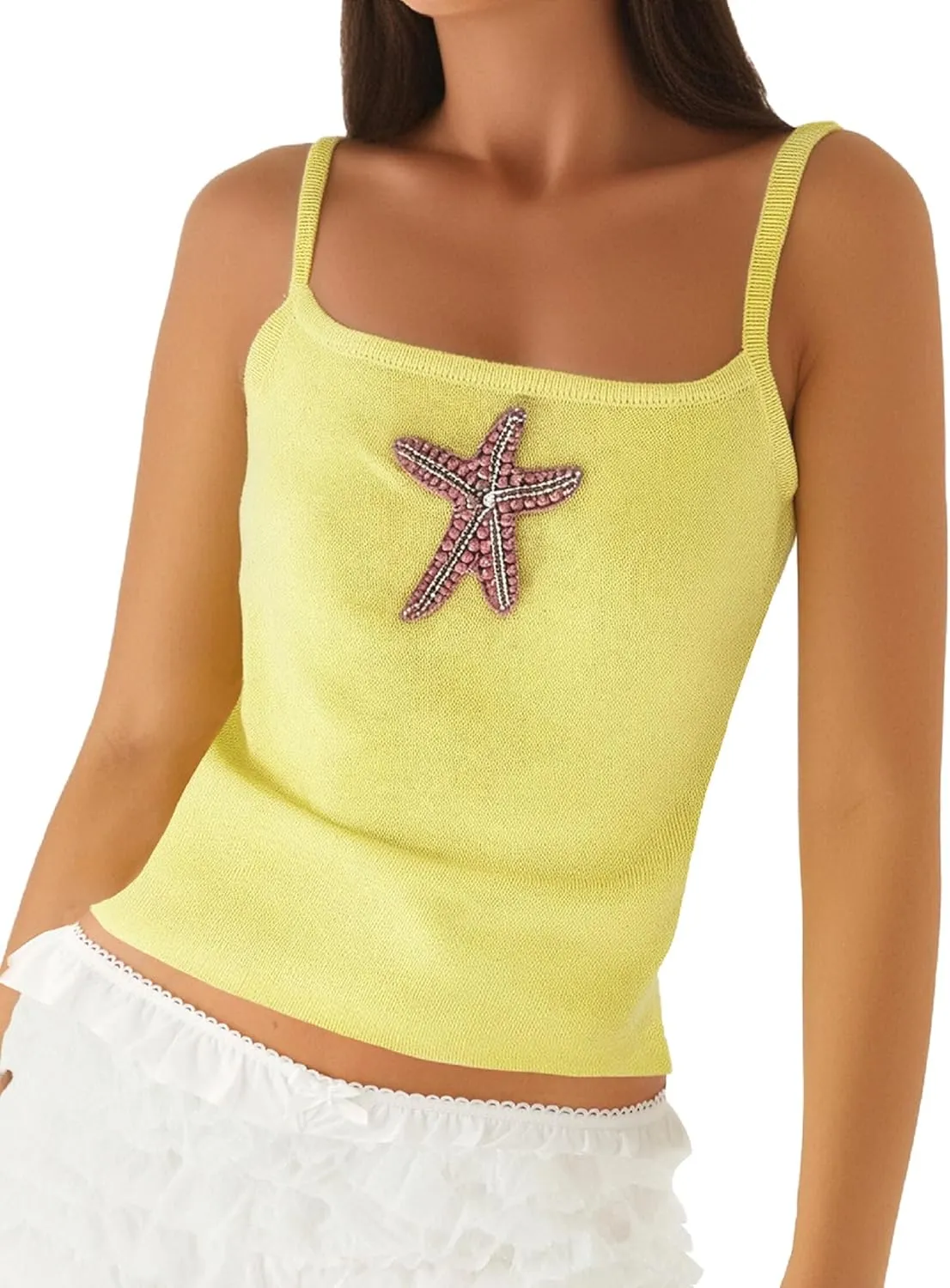 Women Starfish Tank Top Y2k Sequin Beaded Seashell Cami Tops Sleeveless Glitter Embroidered Knit Going Out Top