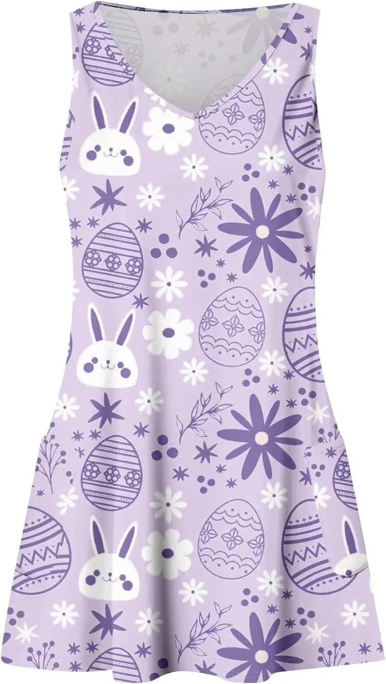 Women Summer Dresses Printed V Neck Sundress Sleeveless Casual Swimsuit Coverup Beach Vacation Dress with Pocket