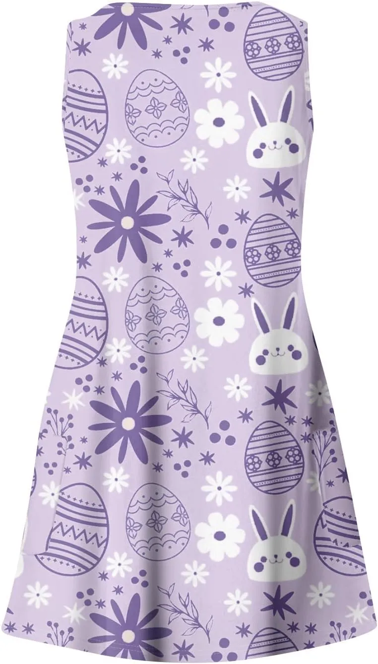 Women Summer Dresses Printed V Neck Sundress Sleeveless Casual Swimsuit Coverup Beach Vacation Dress with Pocket