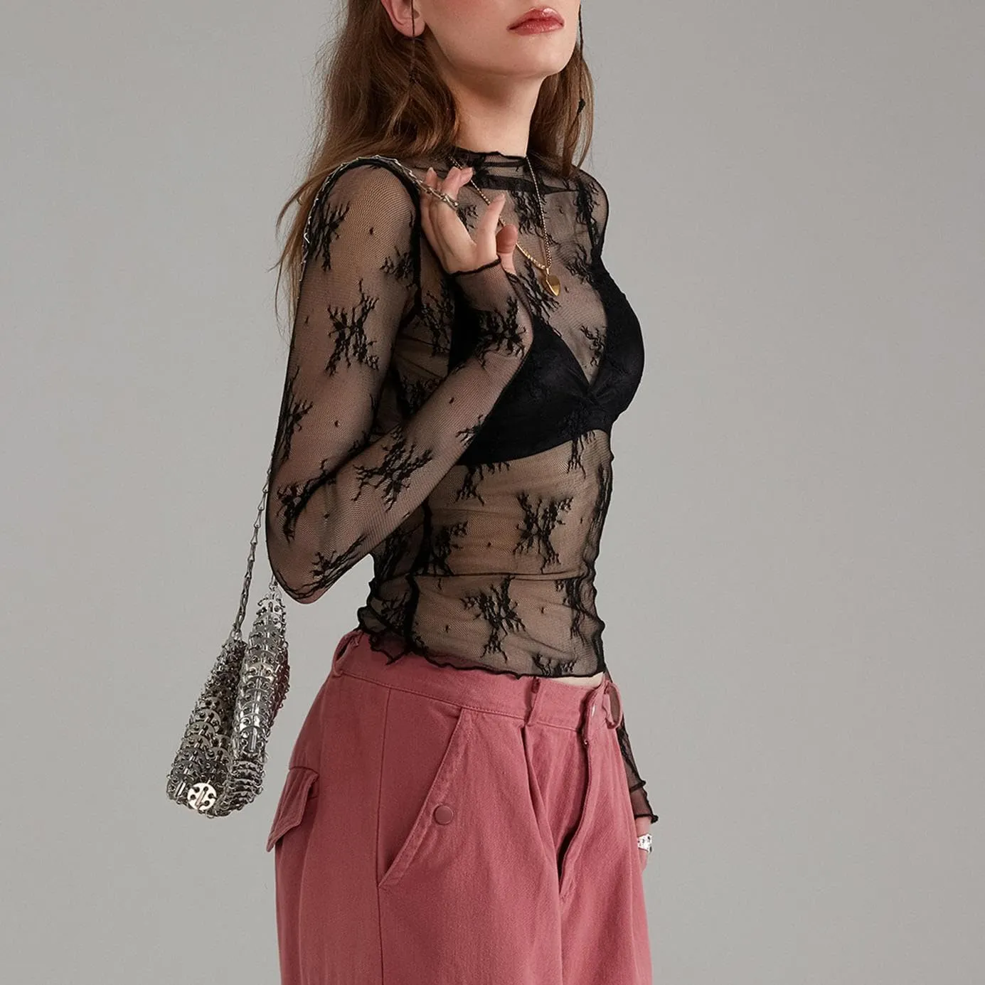 Women Y2k Lace Long Sleeve Top Sexy See Through Shirt Floral Mesh Crop Top Printed Layering Top