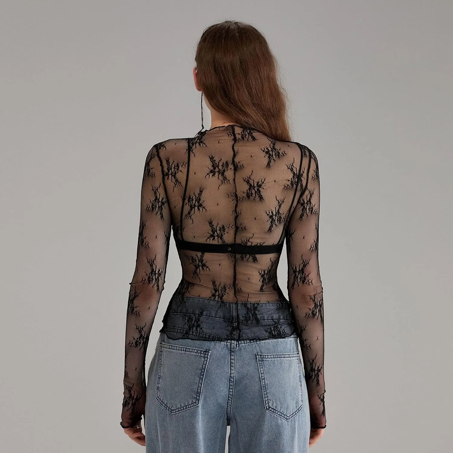 Women Y2k Lace Long Sleeve Top Sexy See Through Shirt Floral Mesh Crop Top Printed Layering Top