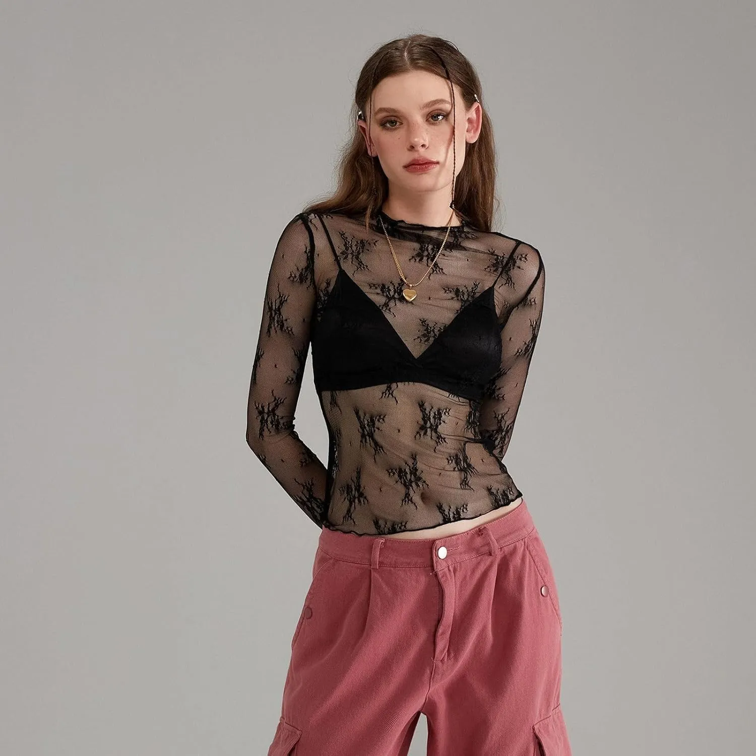 Women Y2k Lace Long Sleeve Top Sexy See Through Shirt Floral Mesh Crop Top Printed Layering Top