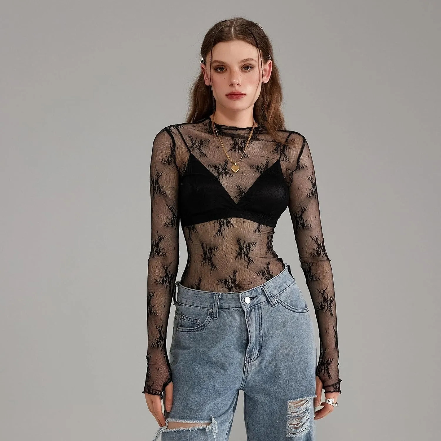 Women Y2k Lace Long Sleeve Top Sexy See Through Shirt Floral Mesh Crop Top Printed Layering Top