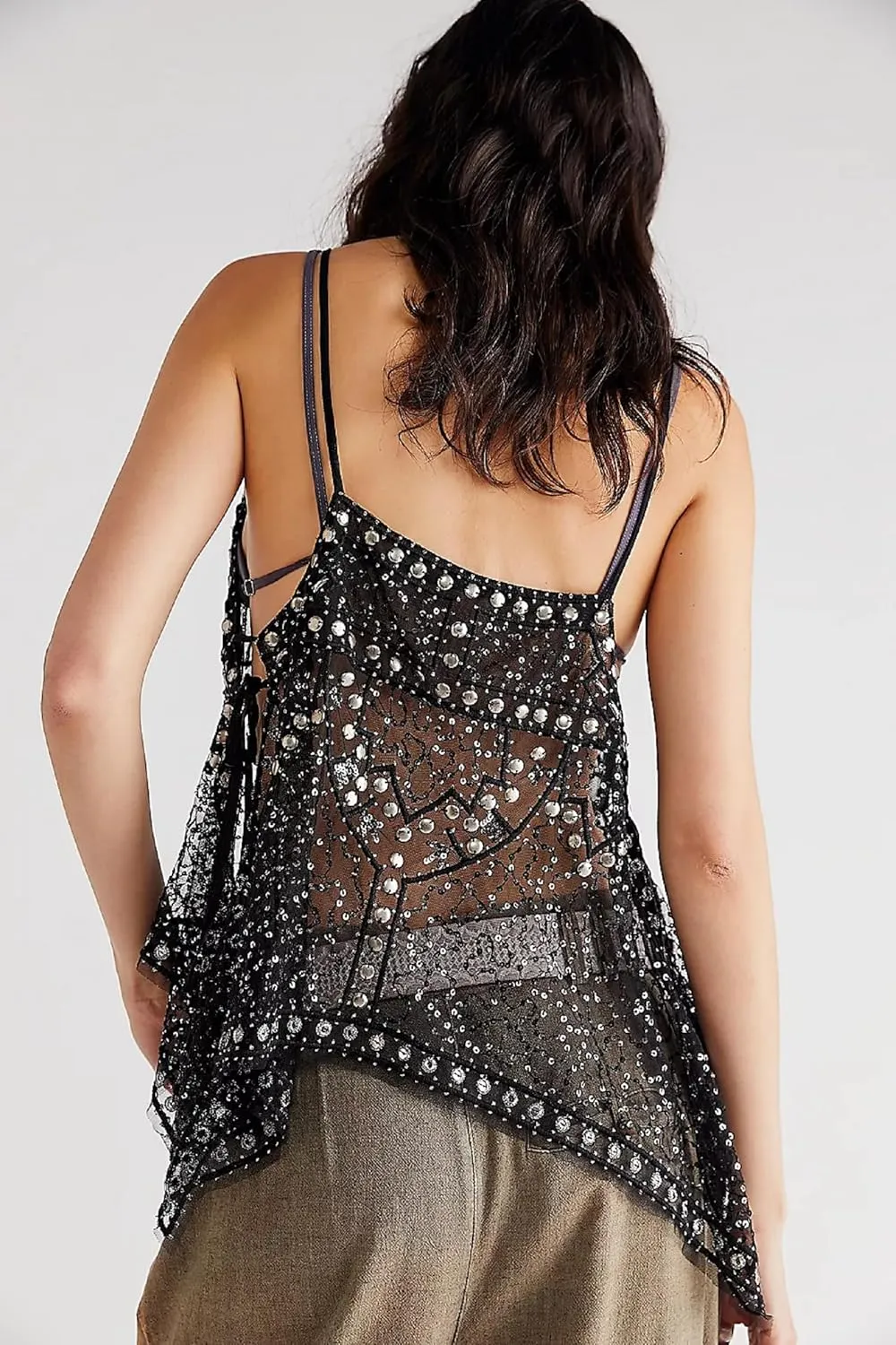 Women Y2K Sequin Mesh Tank Top Glitter Floral Embroidered Cami Crop Top Sleeveless Backless Rhinestone Camisole