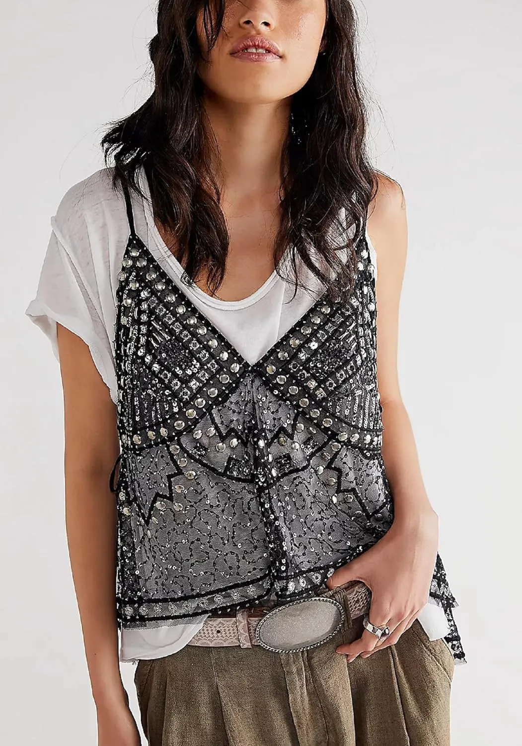 Women Y2K Sequin Mesh Tank Top Glitter Floral Embroidered Cami Crop Top Sleeveless Backless Rhinestone Camisole