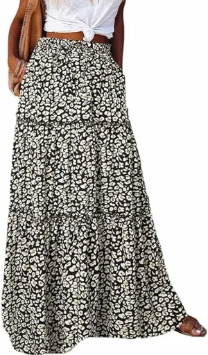 Womens Boho Maxi Skirts Summer Floral Print Elastic High Waisted Skorts Casual Flowy Tiered Ruffle Hem Long Skirts