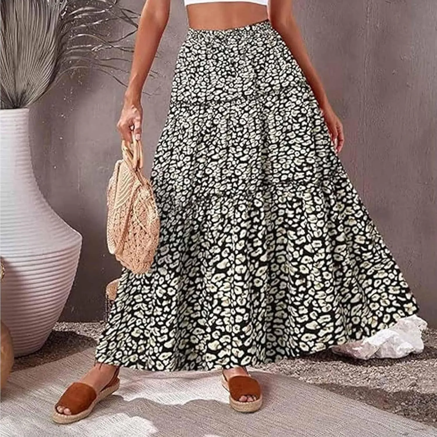 Womens Boho Maxi Skirts Summer Floral Print Elastic High Waisted Skorts Casual Flowy Tiered Ruffle Hem Long Skirts